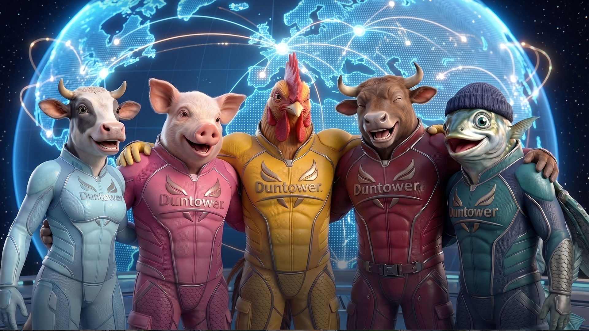 Duntower’s five food category characters together in front of a digital globe